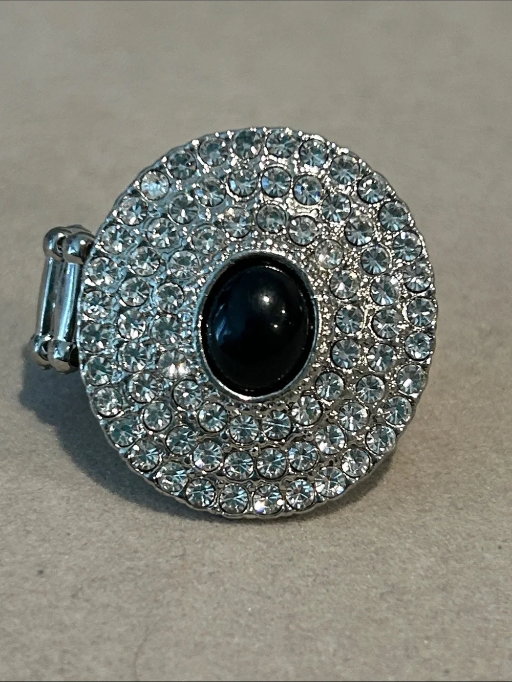 Silver-Tone Crystal Disc Ring with Black Center Stone